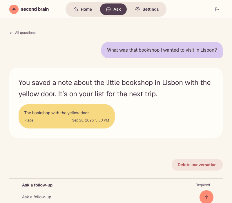 An example conversation answering a question about a saved Lisbon bookshop, with a link to the original note